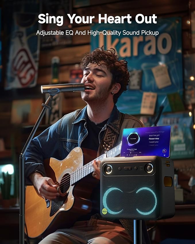 Ikarao Karaoke Machine with Microphone Stand, Portable Bluetooth Speaker for Party, Backyard, Karaoke System with 2 Wireless Microphone for Adults Kids, for Women, Men, Singing Lovers