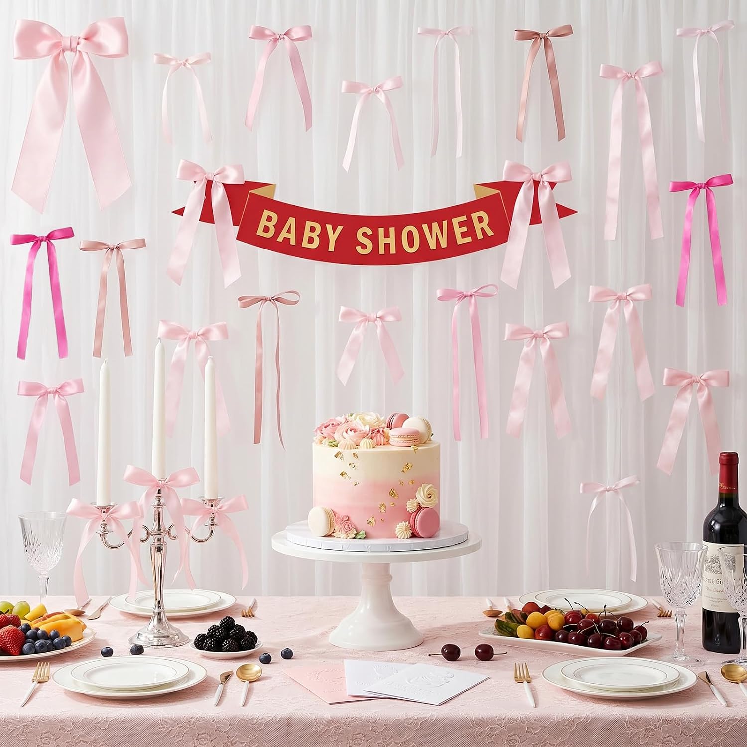 Pink Bow Birthday Decorations, 40Pcs Dusty Pink Bow Wall Decor DIY Ribbon Satin Bows Garland Photo Backdrop for Women Girl Coquette Bachelorette Baby Bridal Shower Room Bedroom Wedding Party Decor