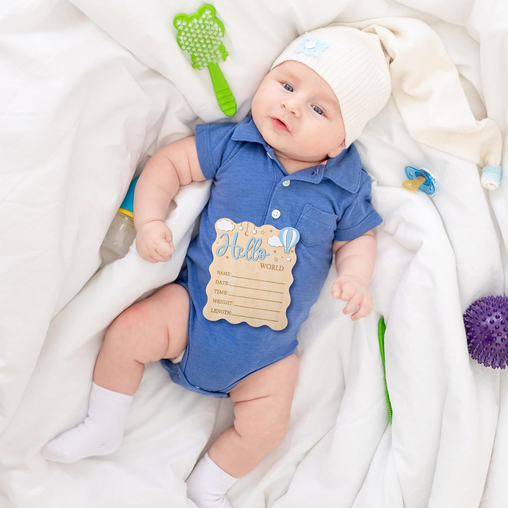 Baby Announcement Sign, Wooden Newborn Birth Plaque, Blue | Natural Wood, Smooth Finish, Write Baby Name and Birth Details, Photo Grop, Nursery Decor, Baby Shower Gift