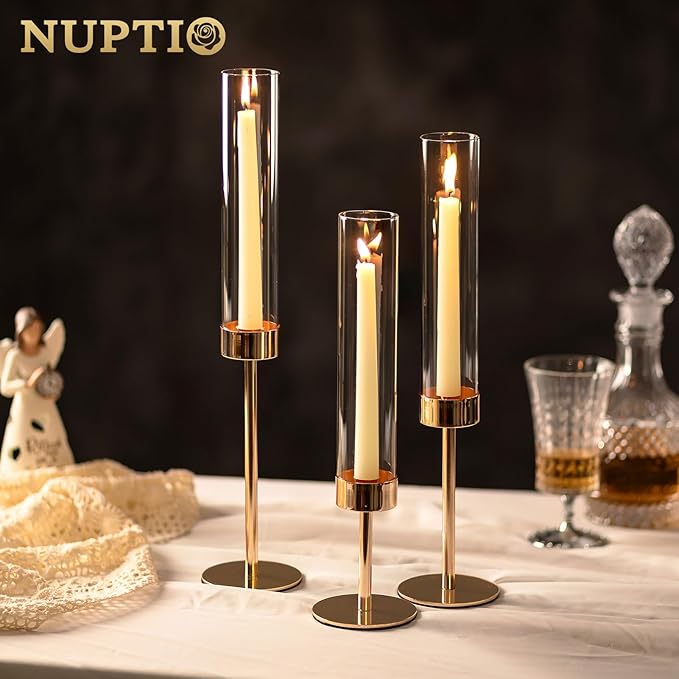 NUPTIO Hurricane Candle Holder for Candlestick: 6 Pcs Gold Taper Candlestick Holders - Tall Modern Candles Stick Decor with Cylinder Shape Cover for Dinner Table Centerpiece
