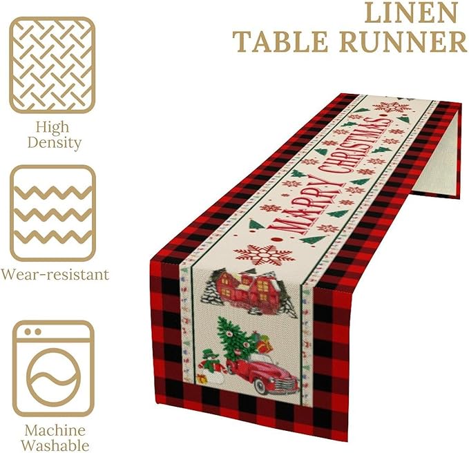 Merry Christmas Table Runner,Winter Xmas Holiday Table Cloth Kitchen Dining Table Decoration for Home Party Decor 13x70 Inch
