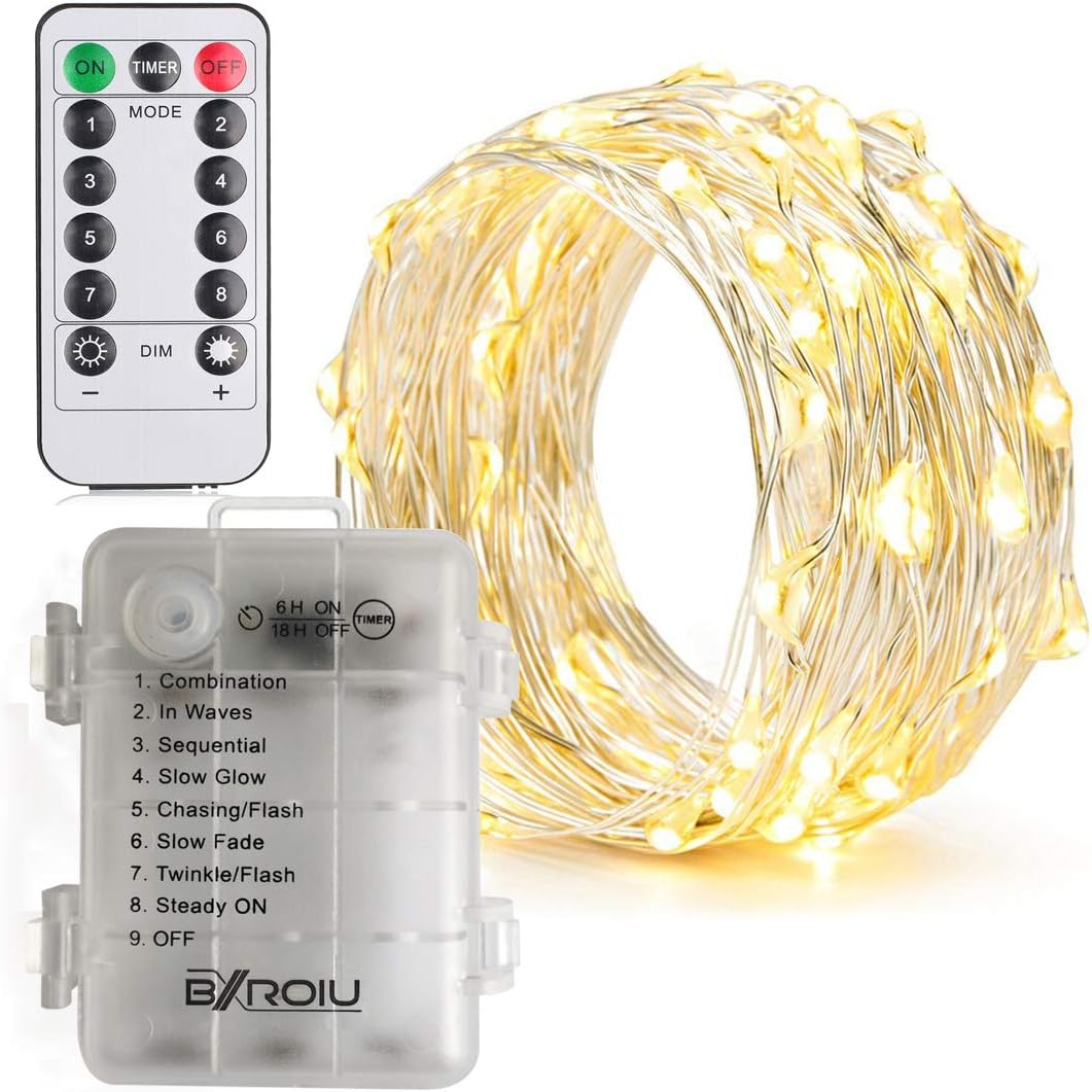2 x Fairy Lights Battery Operated, 8 Mode 50 LEDs Remote & Timer Warm White | Silver Wire Chains 16.4Ft,LED String Lights Waterproof Battery Box for Bedroom, Wedding, Party,Christmas Decorations