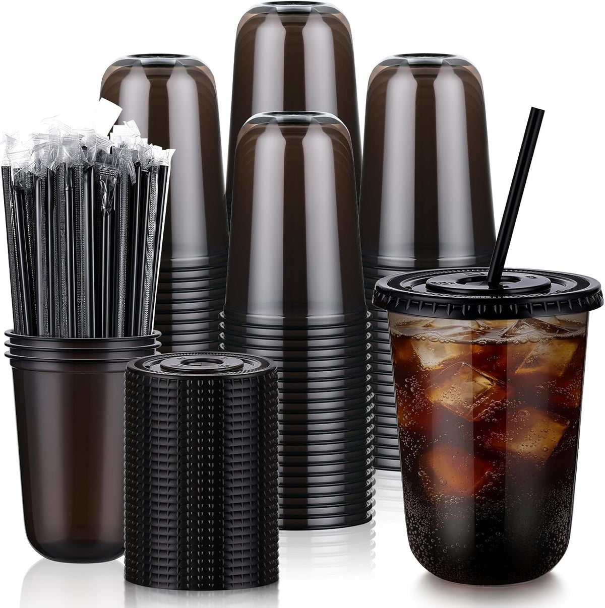 tchrules 150 Set 16oz Black Plastic Disposable Cups with Lids and Straws