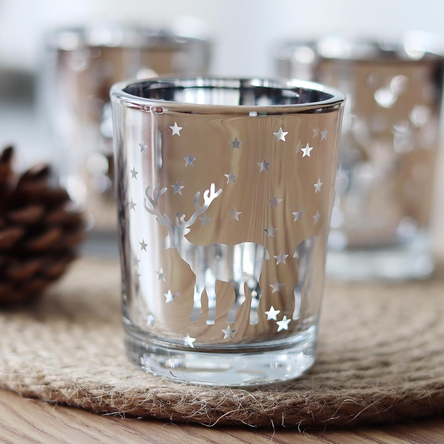 Silver Votive Tealight Candle Holders 12PCS Christmas Candle Holders with Carved Reindeer for Xmas Table Centerpiece Decoration