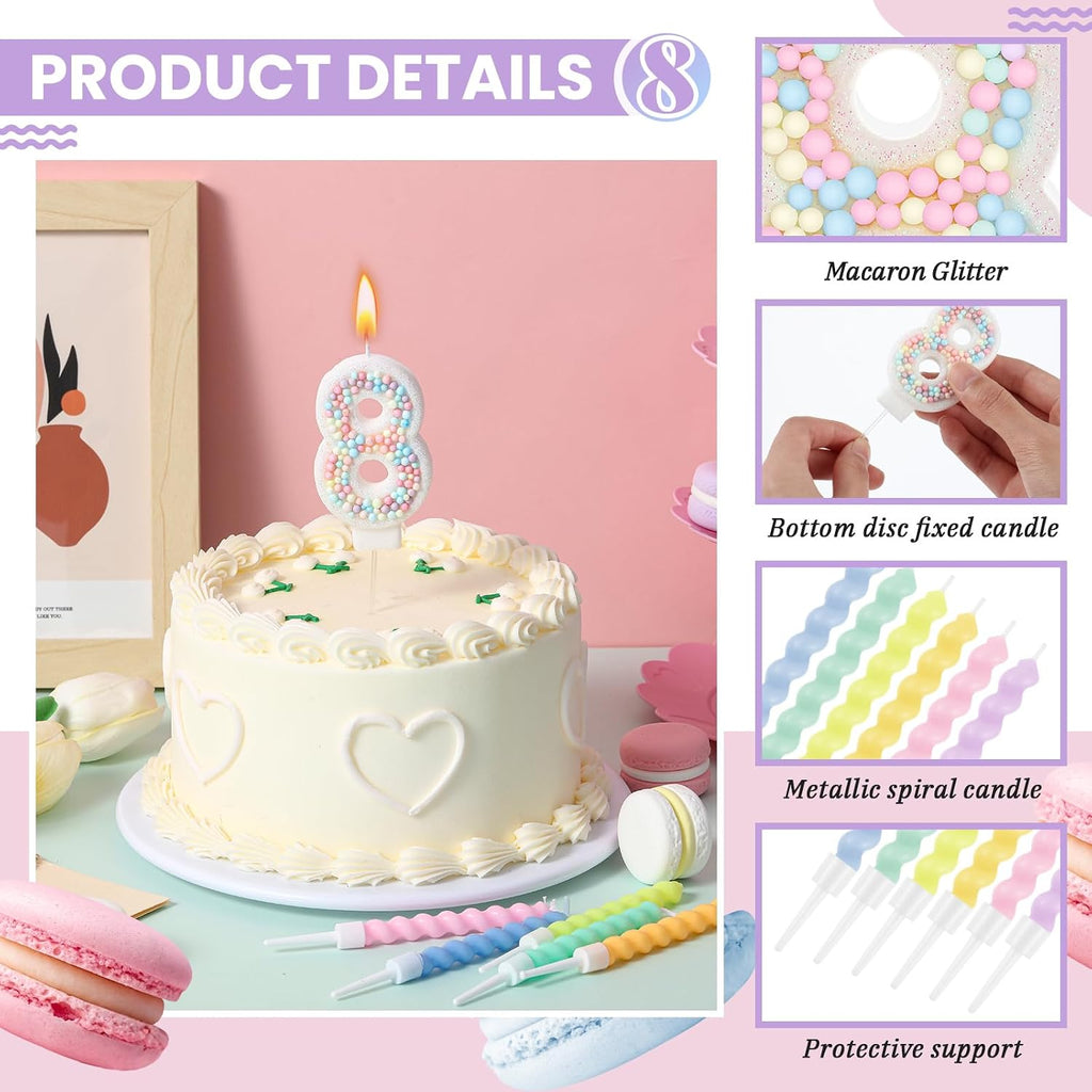MTLEE Number 8 Birthday Candle with 12 Pcs Spiral Candles for Girls Macaron Pastel Rainbow Unicorn Pink Cake Topper for Sweet Theme Party Decoration