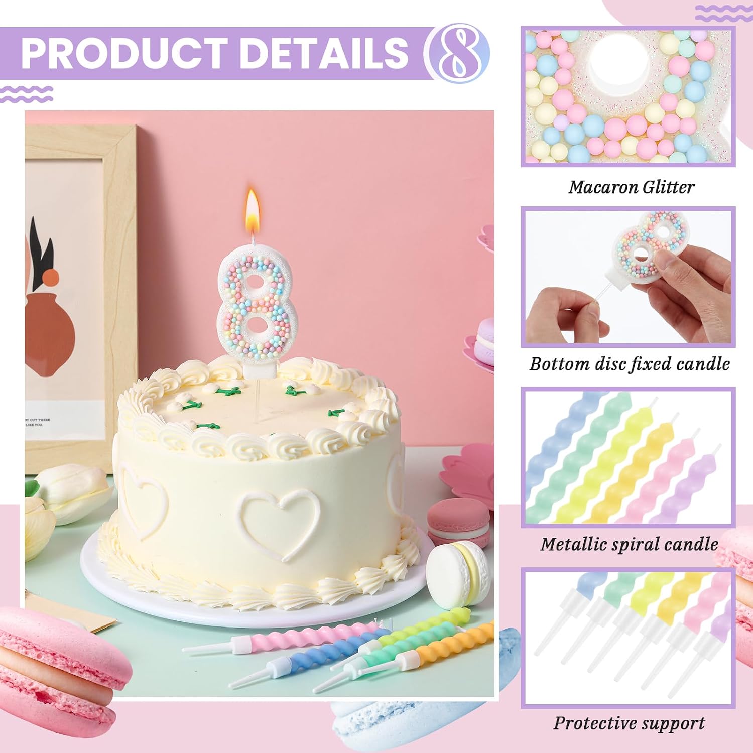 MTLEE Number 8 Birthday Candle with 12 Pcs Spiral Candles for Girls Macaron Pastel Rainbow Unicorn Pink Cake Topper for Sweet Theme Party Decoration