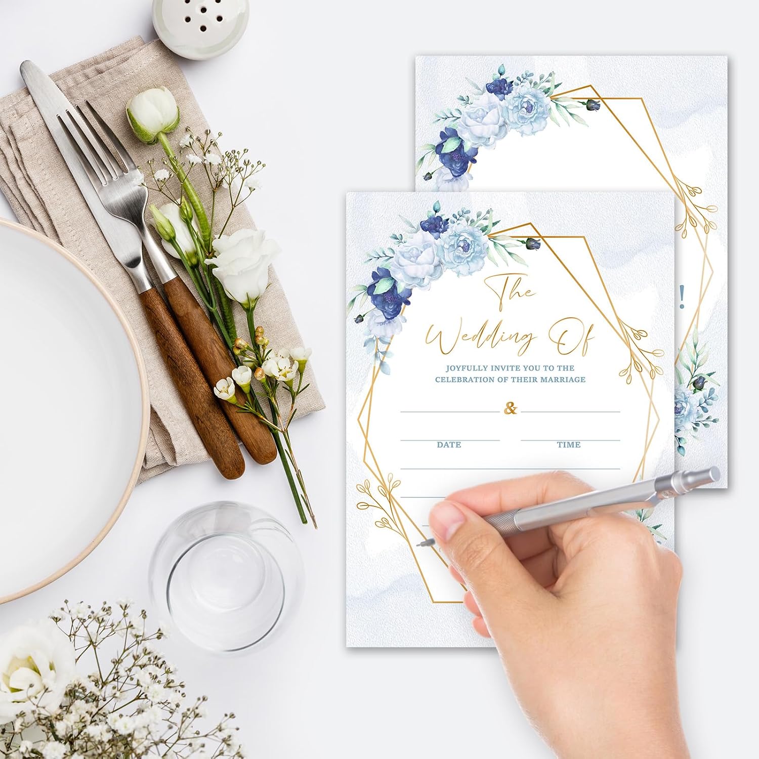 Dusty Blue Floral Wedding Invitations, 5"x 7" Elegant Blue Roses Wedding Invites Card With Envelopes, 25 PCS for Party Decorations and Supplies - A14