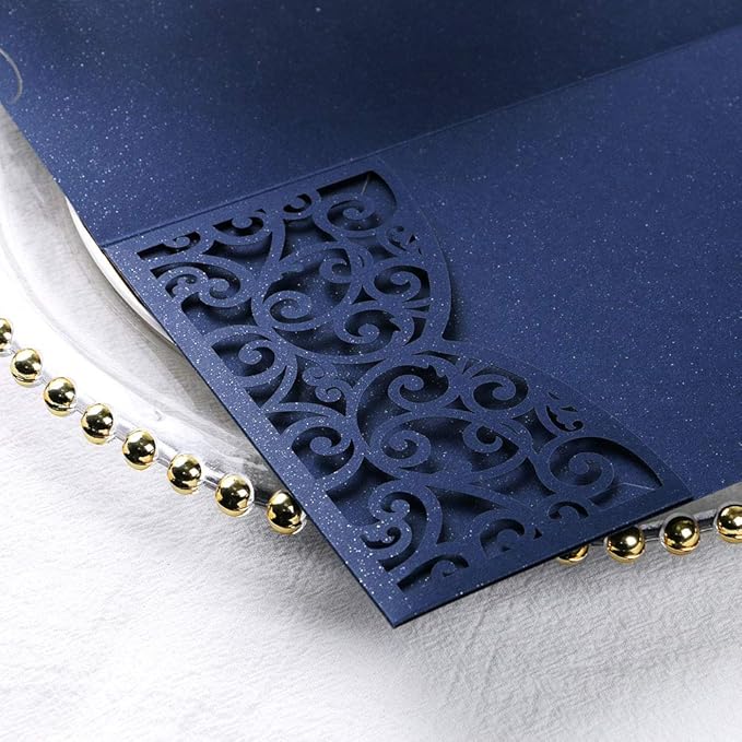 PONATIA 5.12 x 7.2 Laser Cut Invitation Pocket, 20PCS Tri-Fold 5 x 7 Laser Cut Wedding Invitation Pockets with Envelopes for Wedding Bbay Shower Birthday Sweet 16 Invite (Navy Blue, No Inner Sheet)