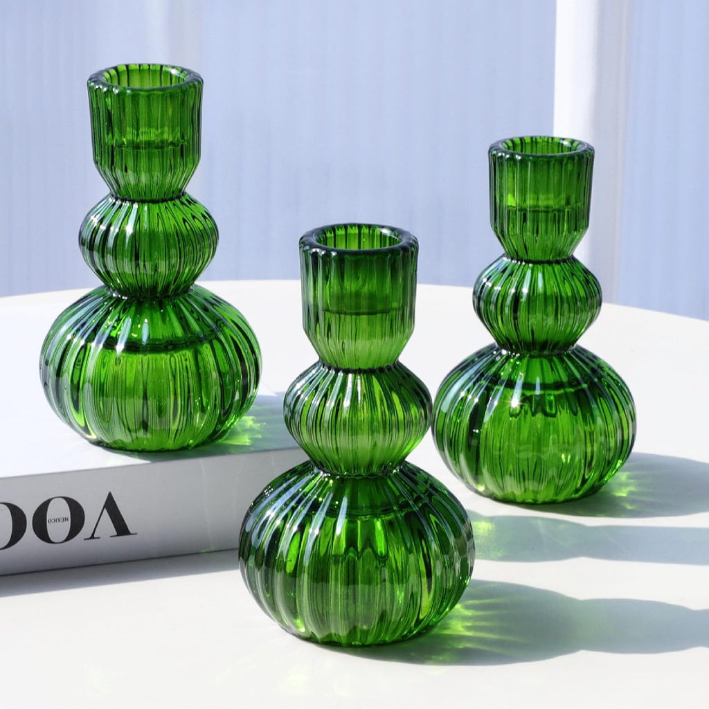 Woho Candlestick Holders Set of 6 for Christmas Decorations, 4.3" Ribbed Glass Taper Candle Holders for Spring Wedding Table, Vintage Candle Sticks Holder Decor for St. Patrick's Day/Daily Home Decor
