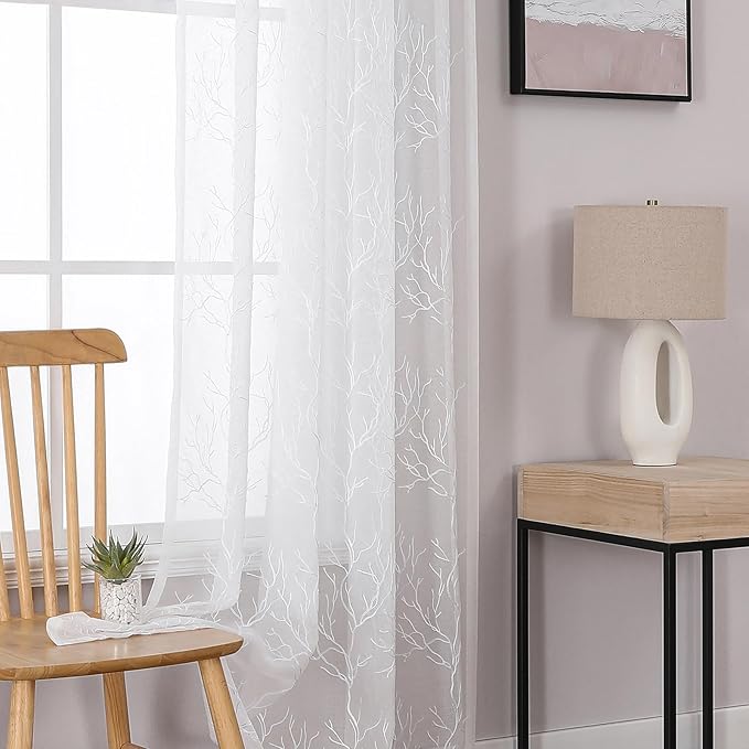 VISIONTEX Sheer Curtains 84 inch Length 2 Panels Set, Decorative White Coral Embroidery, Rod Pocket Embroidered Window Drapes for Living Room and Bedroom, 54" x 84"