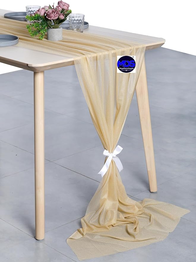 MDS 20 Pack 10ft Chiffon Table Runner 29 x 120 Inches Sheer Wedding Runner Romantic Rustic Table Runner for Wedding Decorations, Birthday Parties, Bridal Shower Party Arch Decor - Champagne Gold