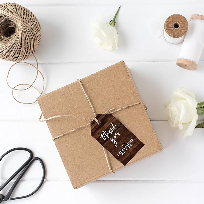 Andaz Press 100-Pack Thank You for Celebrating with Us Favor Tags Rustic Wood Cardstock Gift Tags with Bakers Twine for Wedding Baby Shower Bridal Shower Birthday Holiday Party Favors 2 x 3.75-Inches