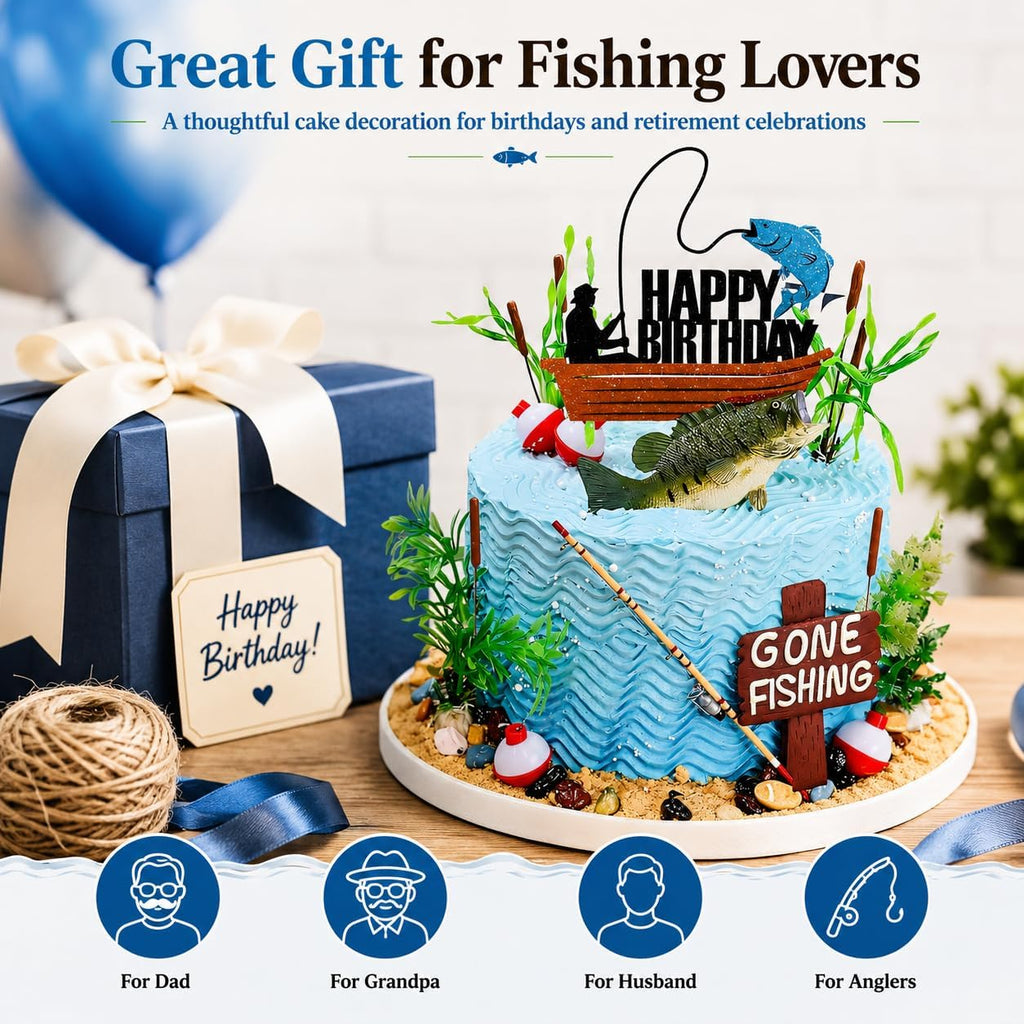 Fishing Cake Topper, Gone Fishing Cake Topper With Bass Reed For Fisherman Themed Decoration And Retirement Party Supplies