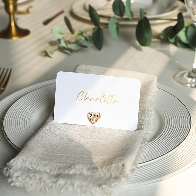 UNIQOOO 12Pcs Decorative Gold Love Heart Place Card Holders Bulk, Romantic Name Card Stands Set, for Wedding Engagement Decor, Table Setting, Business Card, Name Tag, Party Food Labels