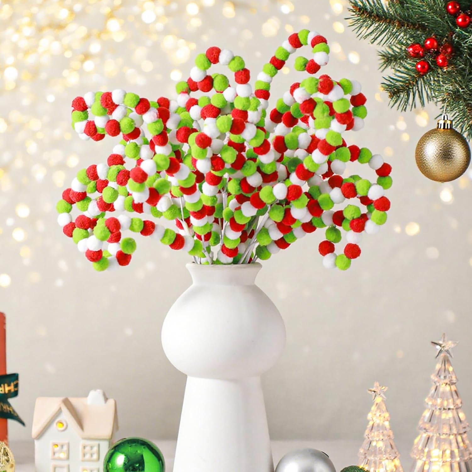 Gejoy 12 Pcs Christmas Tree Picks and Sprays White Red Green Christmas Picks 12'' Candy Cane Lime Green Pompom Peppermint Tree Topper Elf Ornament for Xmas Wreath Vase Filler Branches Decoration