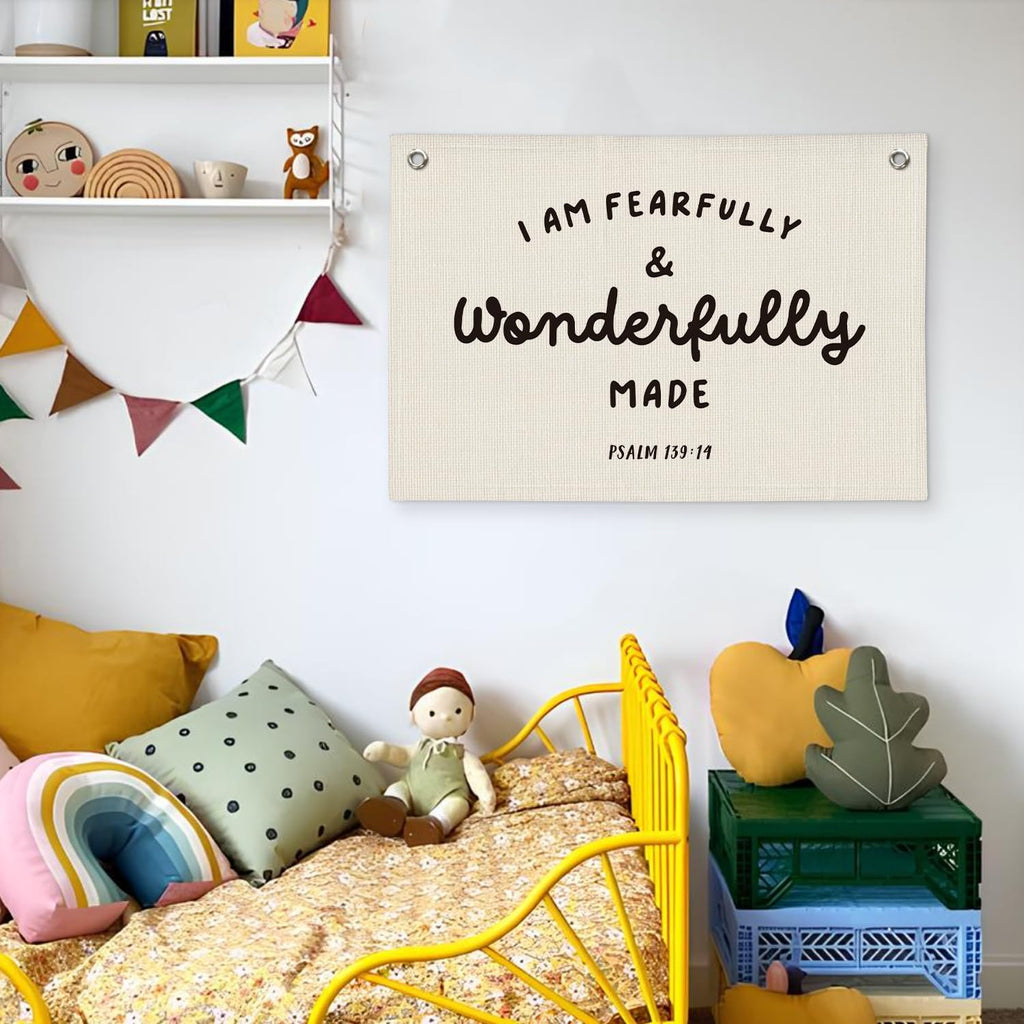 Kids Room Decor - Bible Verse Wall Hanging, 'I am Fearfully and Wonderfully Made' Linen Banner, Canvas Decoration for Classroom, Nursery, Kids Room