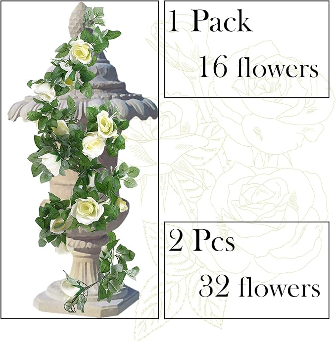 2 Pack Artificial Rose Vine Garland Fake Roses Flowers Plants Vines Hanging Floral Leaves Decoration for Wedding Party Table Garden Arch Wall Home Room Decor(White)