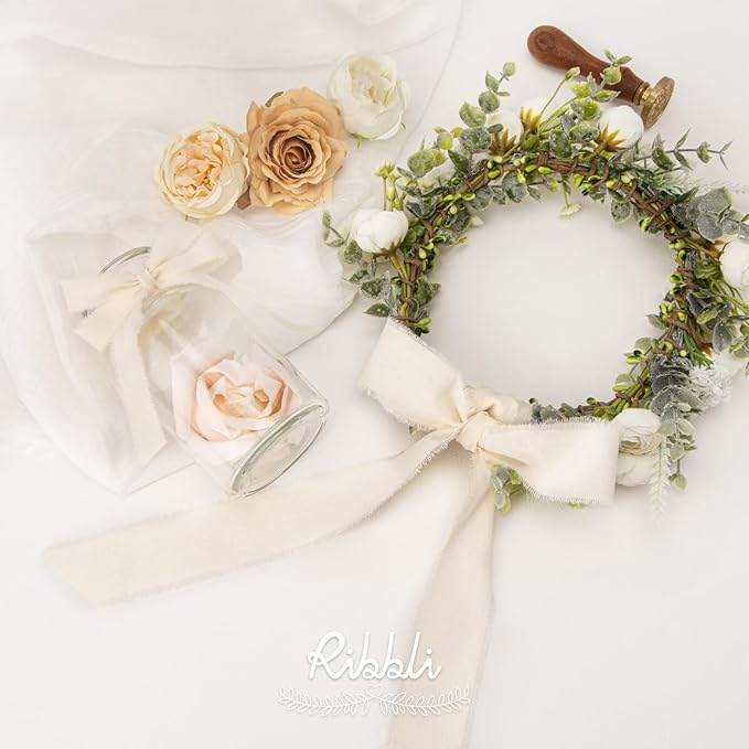 Ribbli 3 Rolls Ivory Ribbon 1.5 Inch x 18Yards Cream White Handmade Cotton Frayed Fringe Ribbons for Gift Wrapping Wedding Invites Bridal Bouquets Baby Shower DIY Crafts Home Decor
