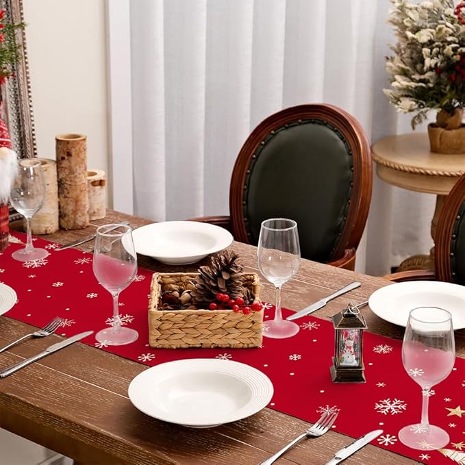 GEEORY Christmas Table Runner 13x48 Inch, Xmas Trees Snowflakes Holiday Decorative Farmhouse Table Decoration for Kitchen Dinning, Indoor Outdoor Dinner Party Decor (Red) GT150-48