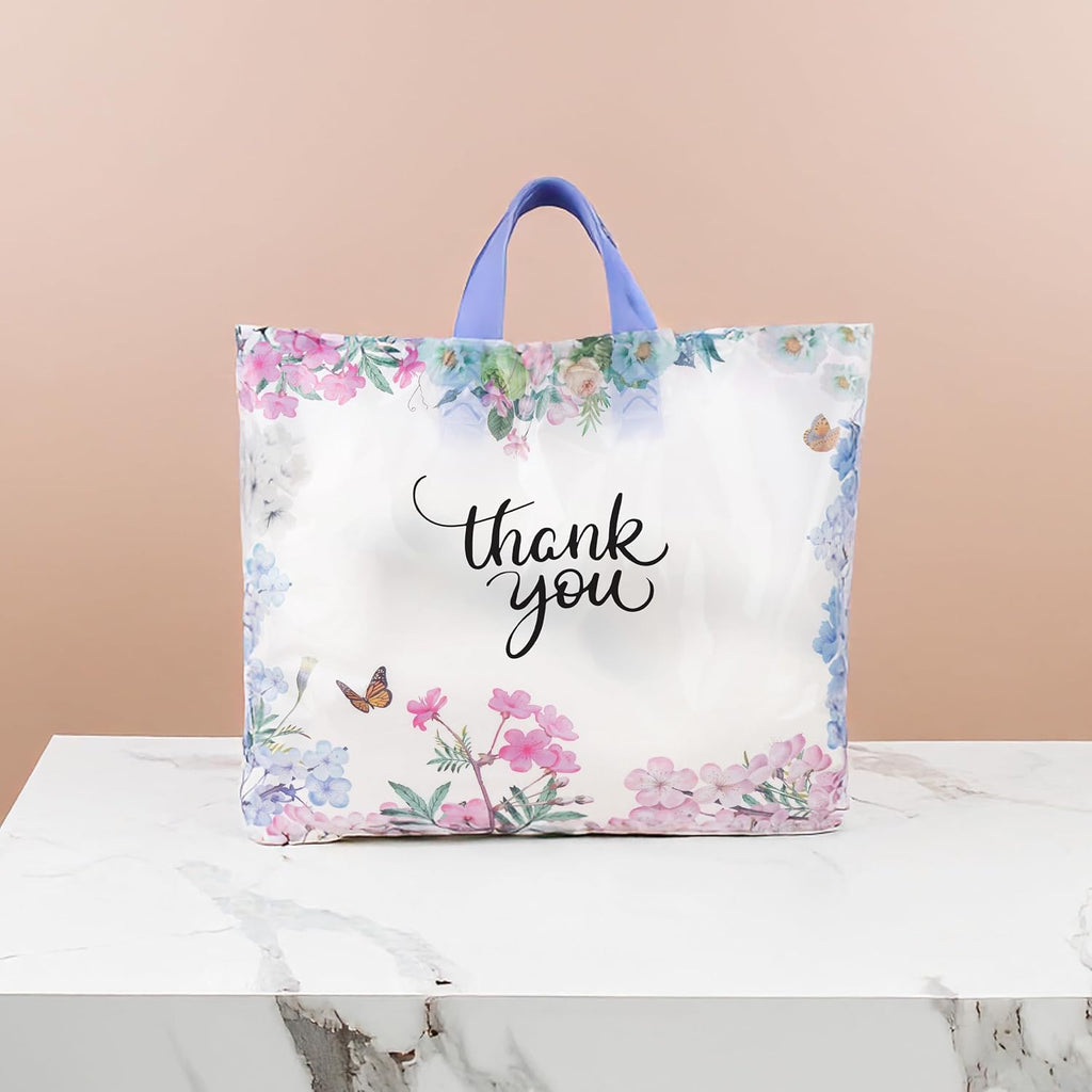 Purple Q Crafts Thank You Bags With Soft Loop Handle for Business Retail, Boutique Bulk 50 Pack 15" W x 12" H Floral Plastic Shopping Bags/Gift Bags Perfect For Mothers Day