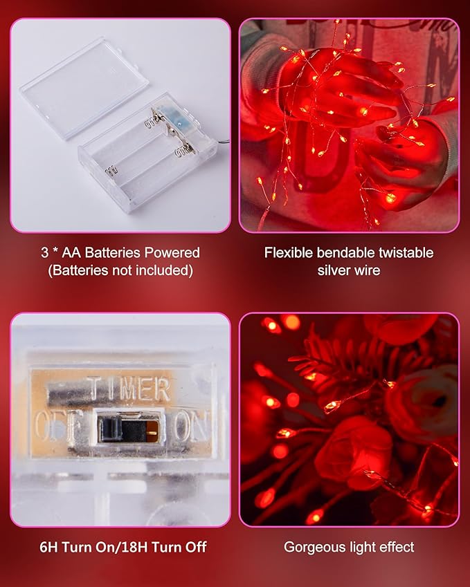 Red Fairy Lights Battery Operated, Valentine's Day Silver Wire 5 Feet 60 Led Firecracker String Lights for DIY Wreath Home Wedding Party Bedroom Mason Jar Holiday Christmas