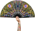UV Glow Rave Fan, Bamboo Folding Clack Hand Fans Foldable for Men Women, Boots on the Ground Poping Fan for EDM Festival Line Dance Decoration, (Space Psychedelic, Large 13")