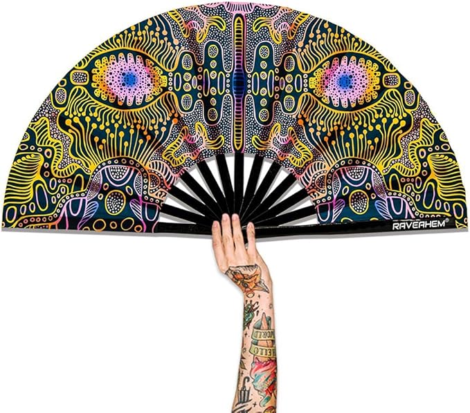 UV Glow Rave Fan, Bamboo Folding Clack Hand Fans Foldable for Men Women, Boots on the Ground Poping Fan for EDM Festival Line Dance Decoration, (Space Psychedelic, Large 13")