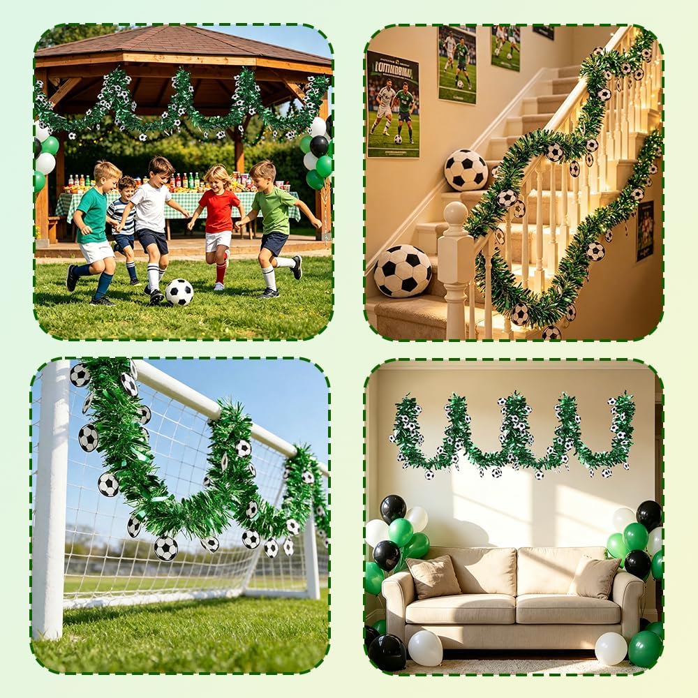 Soccer Tinsel Garland, Soccer Party Decorations, 5 Pack 33FT Football Tinsel Garland, Green Glitter Metallic Tinsel Twist Garlands for Indoor Outdoor Sports Game Day Home Birthday Party Decoration