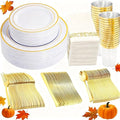 350 Pieces White and Gold Plastic Plates - 50 Guest Thanksgiving Dinnerware Set Include 100 Plates, 50 Plastic Silverware, 50 Napkins and 50 Cups for Thanksgiving