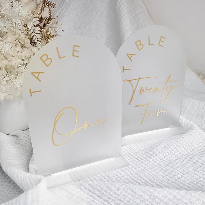 JINMURY Frosted Arch Wedding Table Numbers 1-25 with Stands, 5x7 Inch Acrylic Arch Sign with Golden Lettering, Frosted Acrylic Table Numbers for Wedding Reception