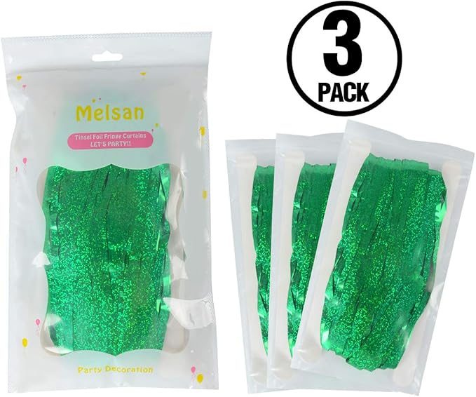 Foil Fringe Curtains April fool's Day Decorations - Melsan 3 Pack 3.2 x 8.2 ft Green Tinsel Curtain Party Photo Backdrop for Birthday Party Baby Shower or Graduation Decorations