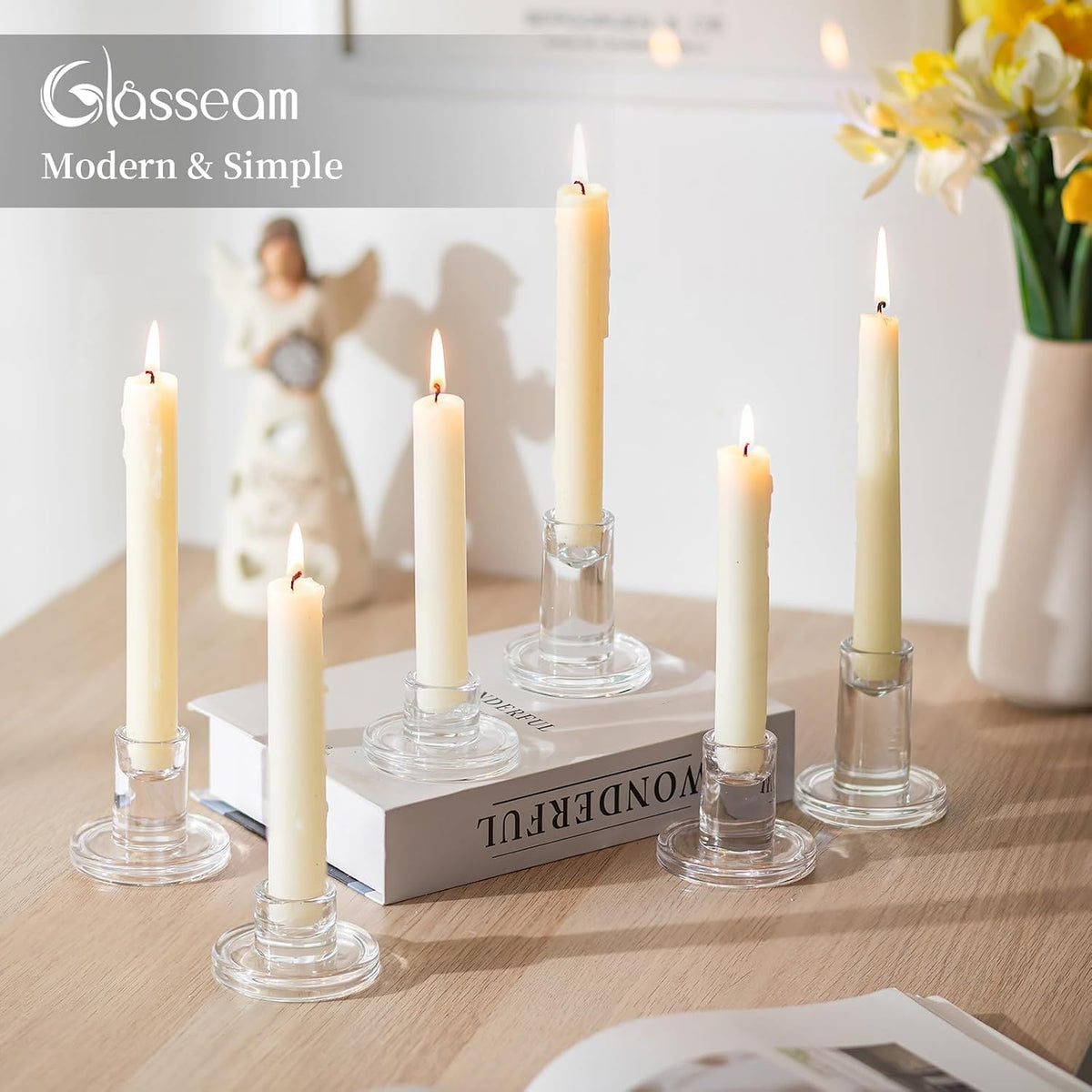 Glasseam Taper Candle Holders Bulk, 12Pcs Glass Candlestick for Centerpiece