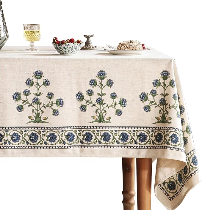 patdrea Designer Linen Vintage Blue Long Rectangle Tablecloth,Leaves Pattern Durable Floral Table Cloth,French Table Cover Cloth Decor for Kitchen Dining,Thanksgiving,Party,63"x102"-Ivar B