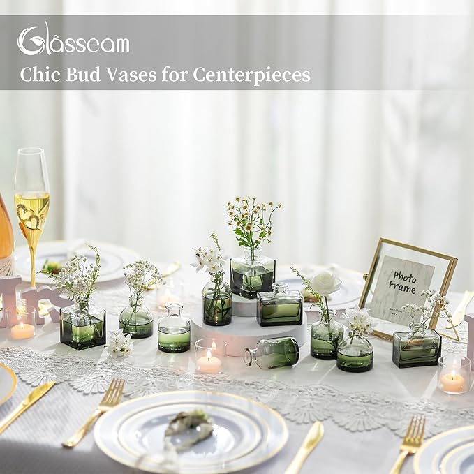 Glasseam Mini Bud Vases for Centerpieces: Clear Small Flower Vase Set of 20 Cute Tiny Glass Table Centerpieces Modern Wedding Birthday Party Baby Shower Dining Room Decoration Green