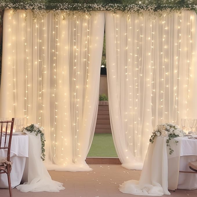 10ft x 10ft Cream White Chiffon Backdrop Curtain with Lights String for Parites Wedding Wrinkle Free Curtain Photo Backdrops Drapes for Baby Shower Birthday Party Home Decorations
