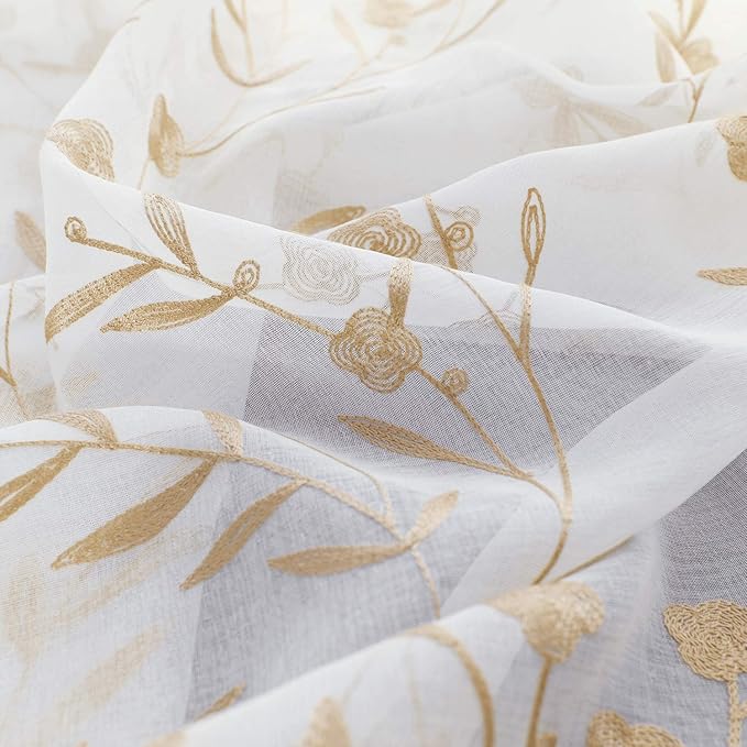 Sheer Curtains with Desin White-Beige Floral Embroidery 84 Inch Long Rod Pocket Lace Drapes for Living room, Bedroom, 2 Panels, 52"x84", Semi Voile Outdoor Window Treatment Sets for Yard, Patio.