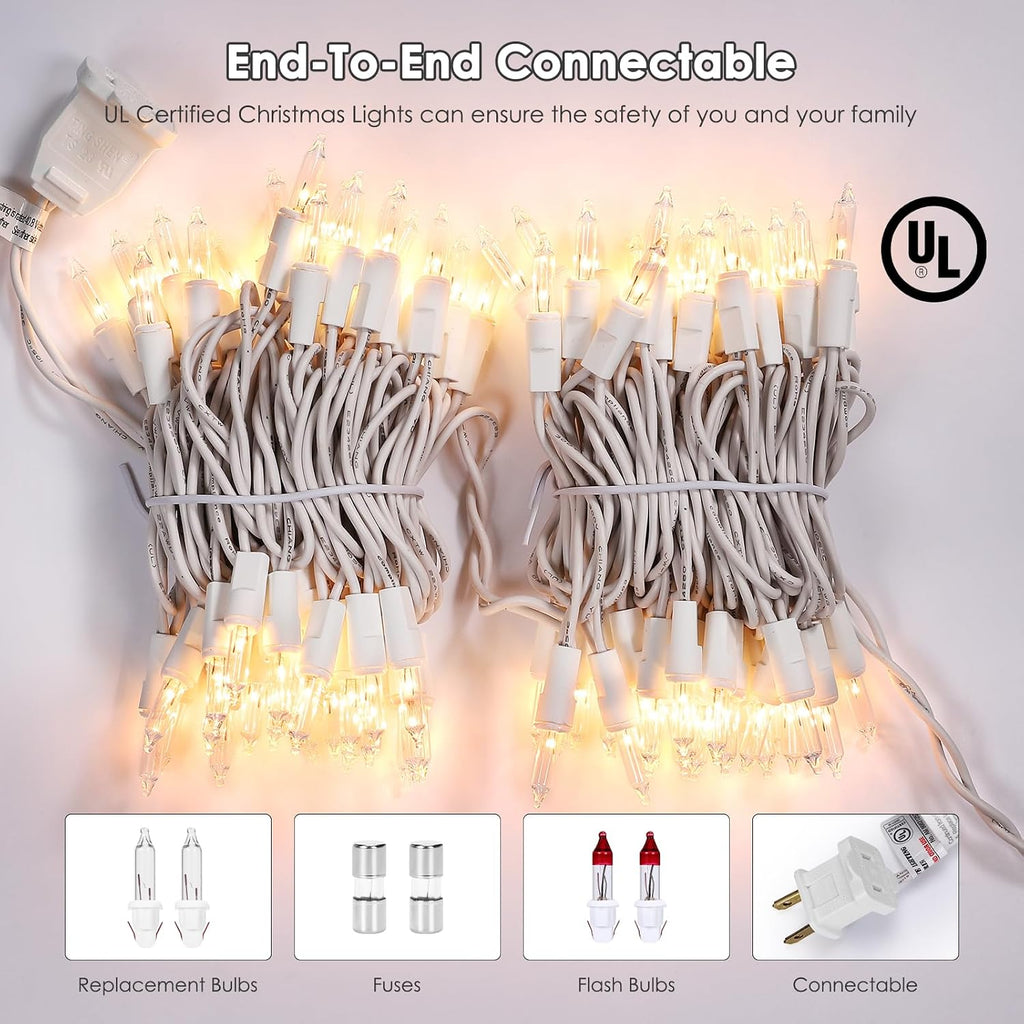 Meteds Christmas Lights 100 Count Clear White Wire UL Certified Connectable Warm White String Lights for Christmas Tree,Garland,Home,Patio, Wedding,Party,Festival Decor