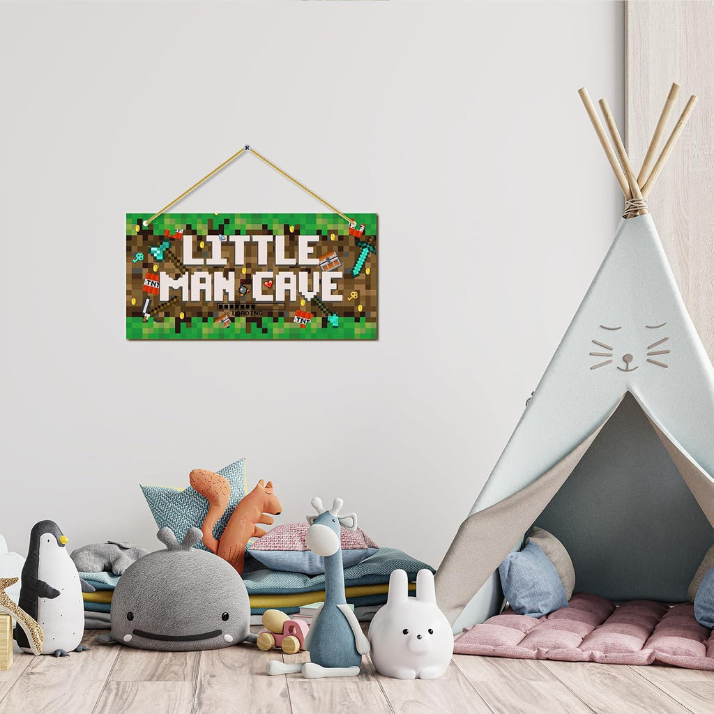 Little Man Cave, Boys Pixel Gaming Room Decor Wooden Door Sign for Gamer Room, Baby Boys Bedroom Wall Decorations for Nursery Toddler Nursery Playroom Wall Art