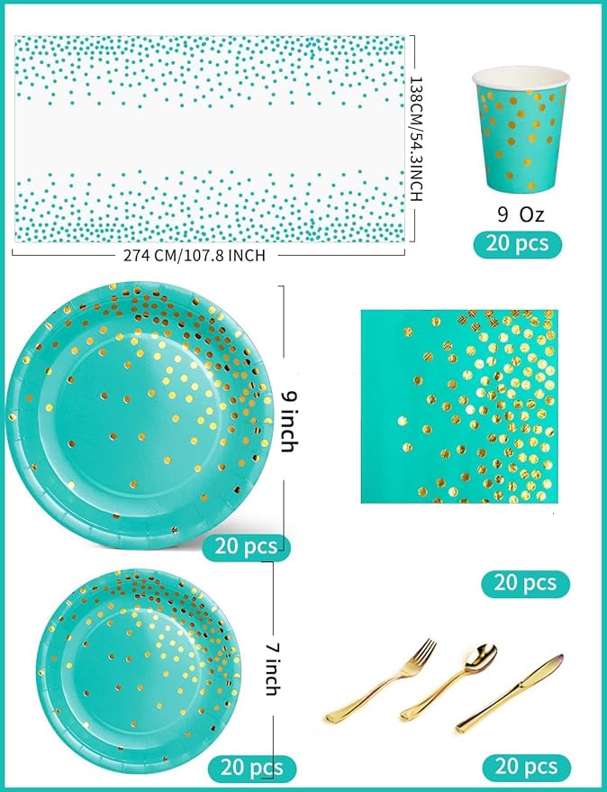 141 Pieces Blue Green and gold Party Supplies, Party Dinnerware Sets Include Paper Plates Napkins Cups Silverware, for Wedding Bridal Shower Engagement Birthday Parties Decoration -20 Serves