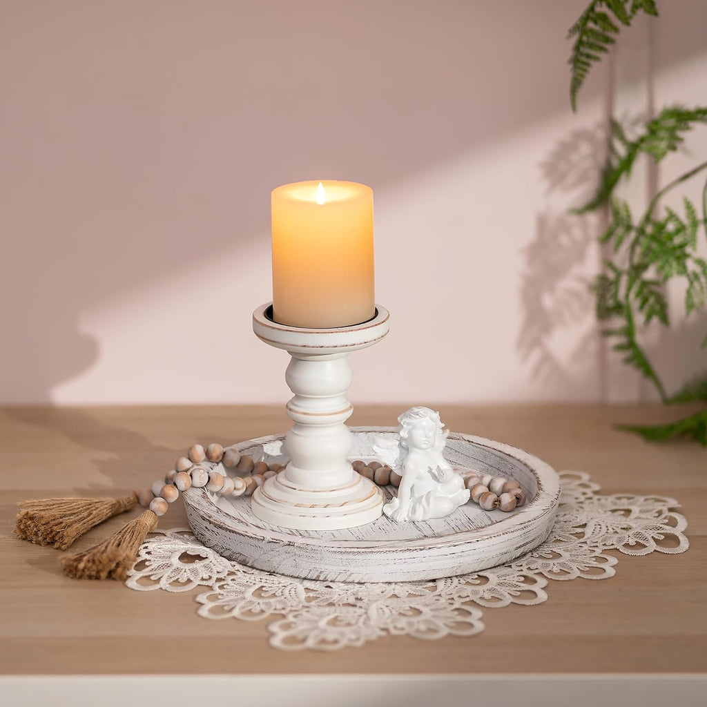 Romadedi Rustic Wooden Tray Candle Holder - Round Wood Decorative Pillar Candle Tray for Coffee Table Farmhouse Kitchen Countertop Organizer Home Decor Wedding Centerpiece, Distressed White