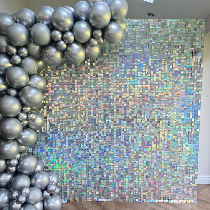 Qcity Iridescent Silver Shimmer Wall Backdrop 36PCS, Black Back Not See-Through Design, Square Sequin Glitter Backdrop Panel, Perfect for Outdoor Events, Birthdays, Wedding and Party Decoration
