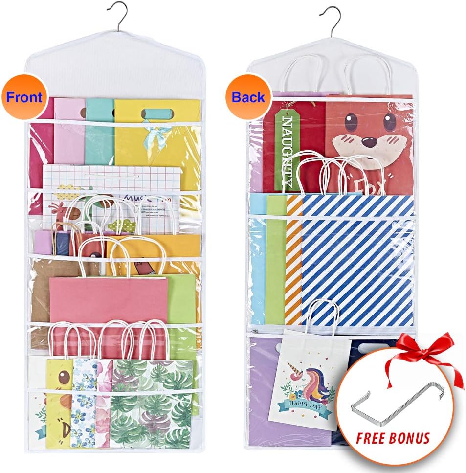 ProPik Hanging Double Sided Gift Bag Storage Organizer with Multiple Front and Back Pockets - Organize Your Gift Wrap, Tissue Paper, and Paper Bags 38 x 16 Inch PVC (White)