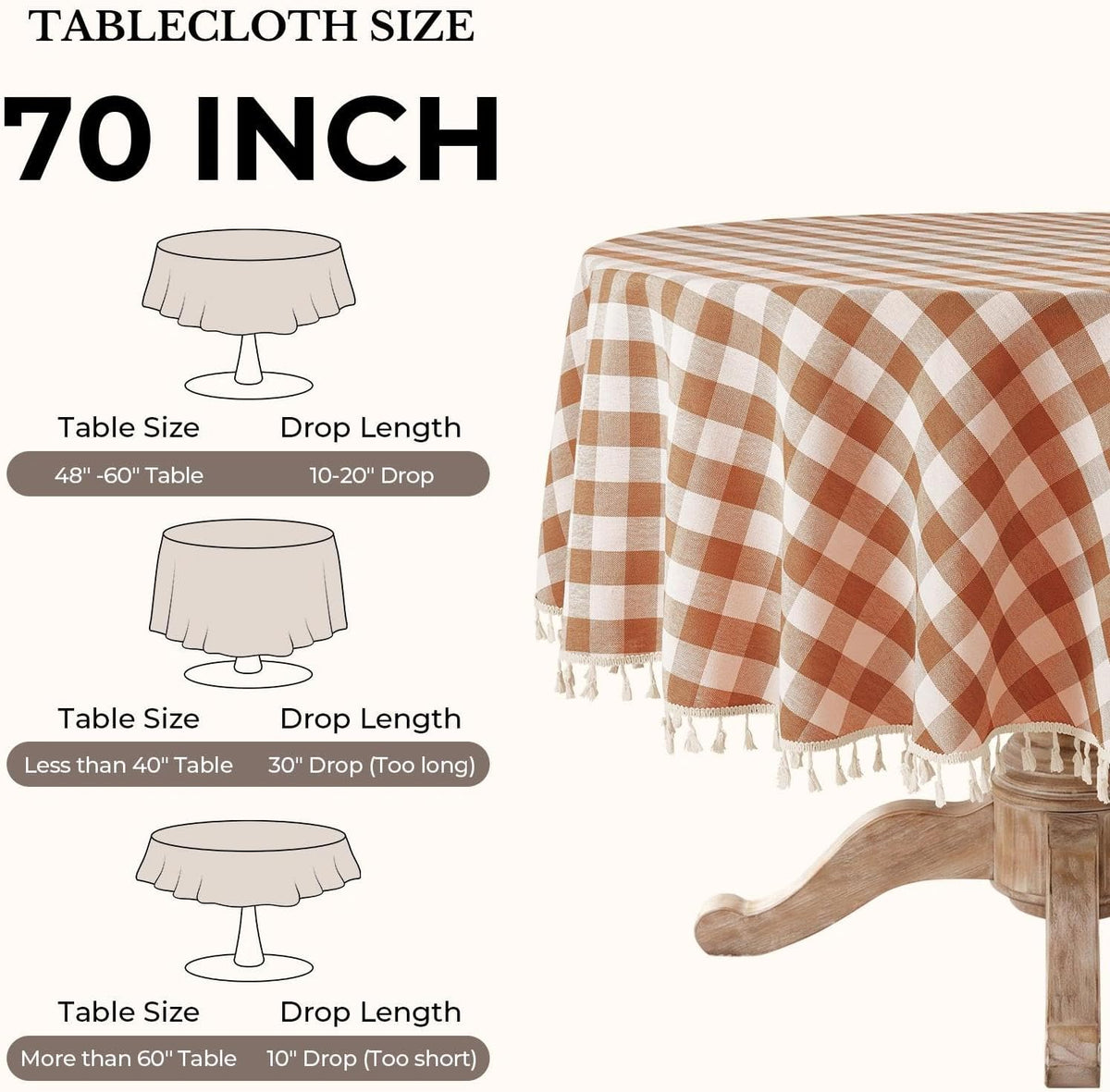 Romanstile Fall Gingham Tassel 70 Inch Round Tablecloth, Orange