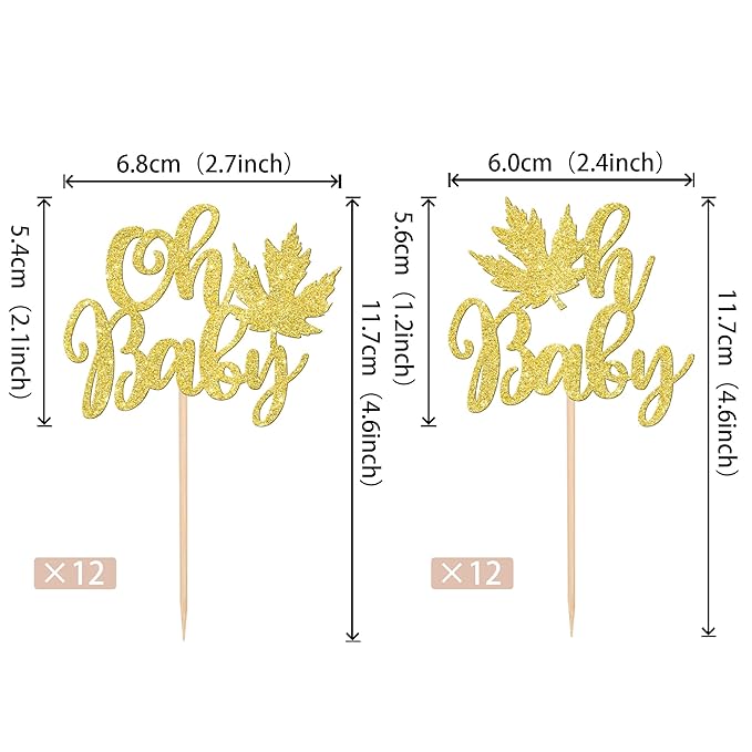 24 PCS Maple Leaf Oh Baby Cupcake Toppers Glitter Fall Baby Shower Cupcake Picks for Thanksgiving Theme Baby Shower Kids Boys Girls Birthday Party Cake Decorations Supplies Gold
