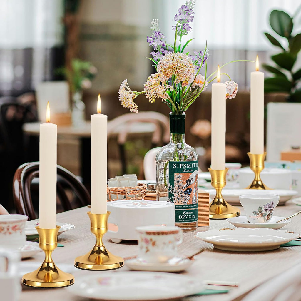 3 Pcs Brass Gold Taper Candle Holders, Vintage Metal Candlestick Holders Set for Dining Table, Wedding & Party Centerpiece Decor, Fits Standard Taper Candles, Mantel & Home Decorations