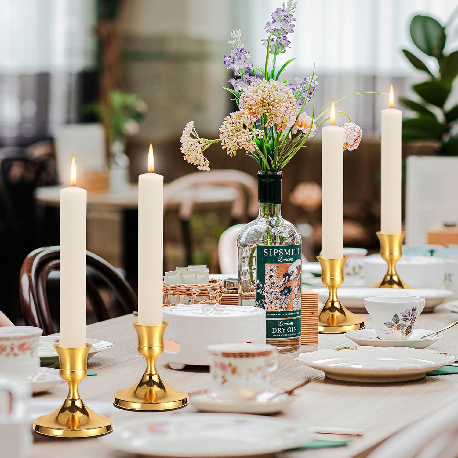 3 Pcs Brass Gold Taper Candle Holders, Vintage Metal Candlestick Holders Set for Dining Table, Wedding & Party Centerpiece Decor, Fits Standard Taper Candles, Mantel & Home Decorations