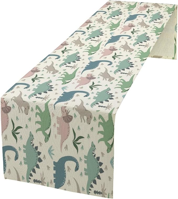 Cartoon Dinosaur Table Runner,Kids Boys Cute Colorful Animal Dino Abstract Print Tablecloth Burlap for Hotel Indoors Outdoor Dining Room Kitchen Holiday Party, 13x70in