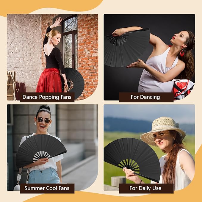 4PCS Large Chinese Folding Fans with 4 Fan Sleeves, Chinese Kung Fu Tai Chi Fans, Clacking Fans for Line Dancing, Popping Fans for Line Dancing for Adult(Black)