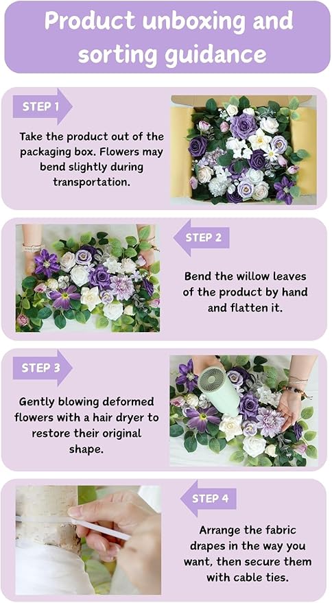 Artificial Wedding Arch Flowers Kit(Pack of 4),2Pcs Artificial Flower Arch Decor, 2Pcs Chiffon Fabric Drapes, Ceremony Decoration, Floral Outdoor Party Decor (Violet & Champagne)