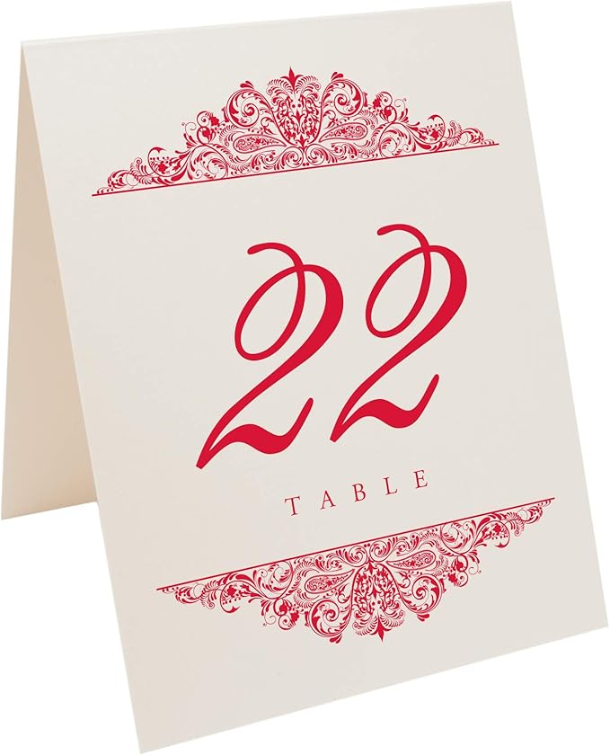 Paisley Wedding Table Numbers (Select Color/Quantity), Champagne, Ruby Red, 1-40, Double Sided, Tent or Use in a Stand, Great for Parties & Restaurants - Made in the USA